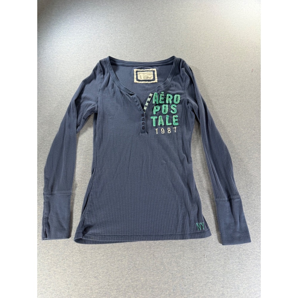 Aeropostale Womens XL Navy Blue Ribbed Henley Long Sleeve Graphic Thermal Top